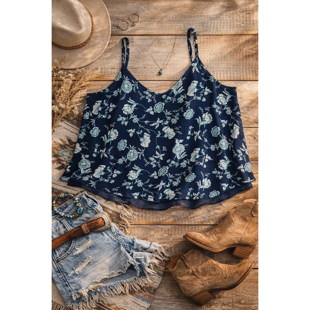 Torrid Womens Plus Size 4 Navy Blue Turquoise Floral Chiffon Camisole Tank Top